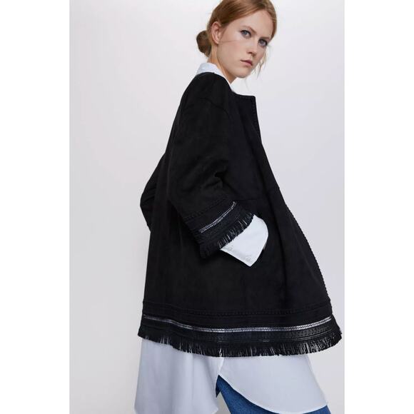NEW! Zara XL Oversized Bohemian Fringe Faux Suede Kimono Jacket Black 14 16 18 - Picture 3 of 10